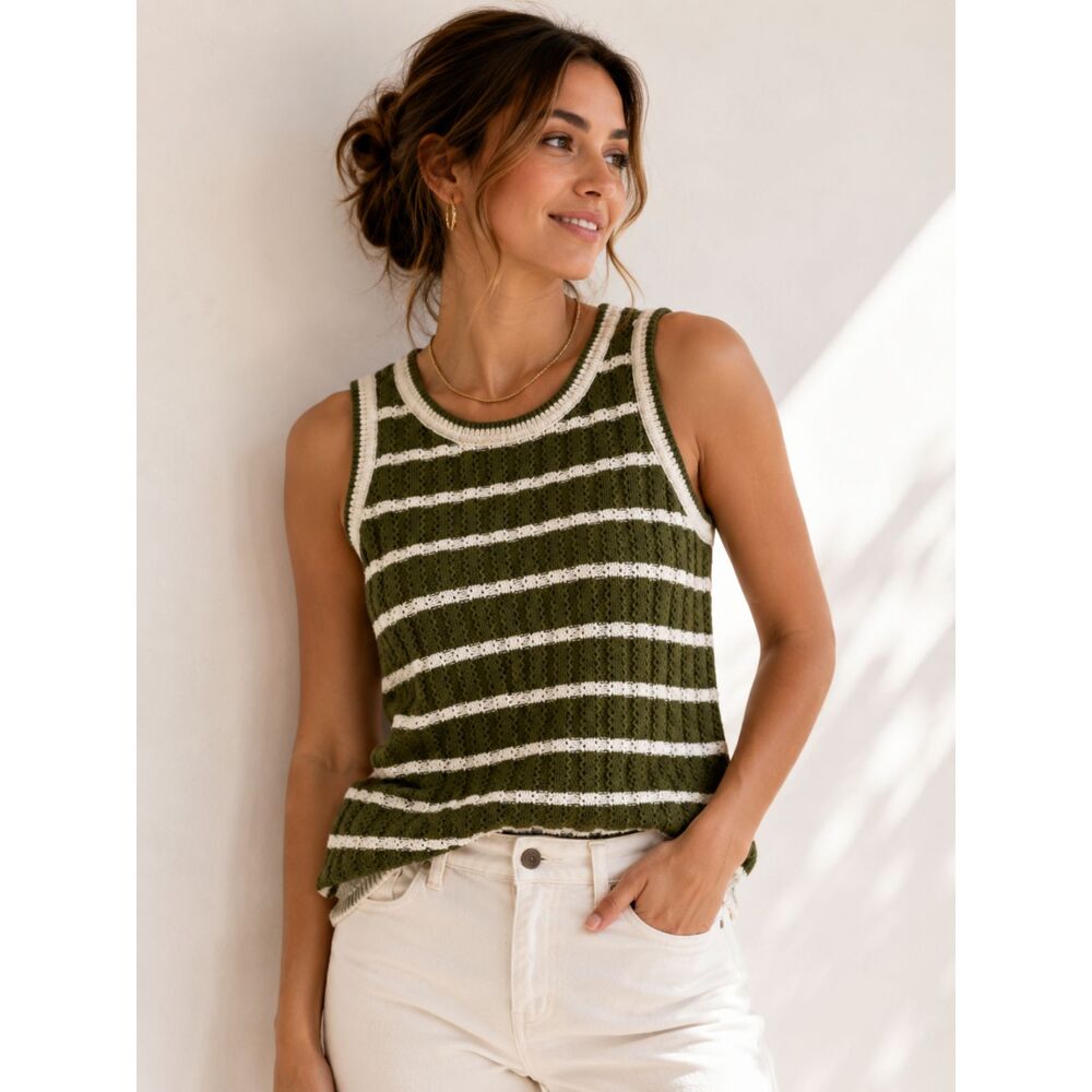 Joan Rivers Olive Green Striped Knit Sweater Tank Women's Medium